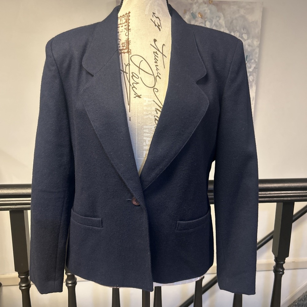 Talbots Blazer Jacket Women's Size 10P Navy Solid One-Button Wool